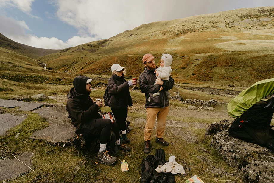 Family hiking on a trail.