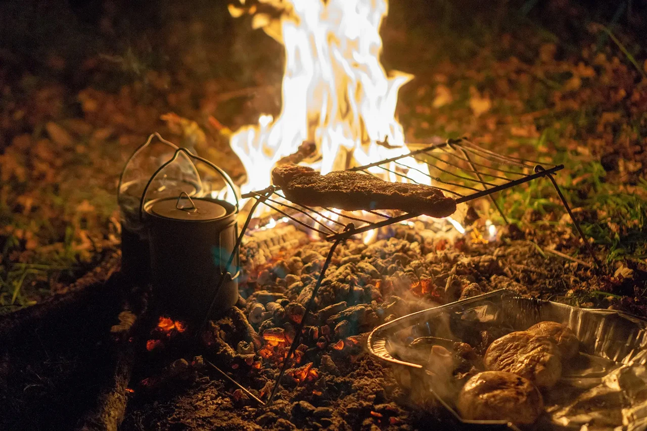 Grilling meat on licve fire during camping.